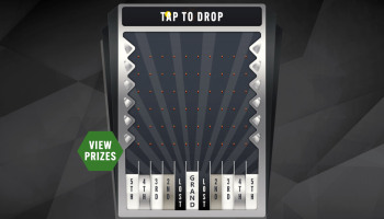 Branded plinko game showing a disk bouncing through the pegs