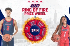 Trade show booth display featuring a branded prize wheel for lead generation