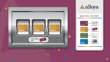 Logo-branded slot reels mid-spin on the event kiosk