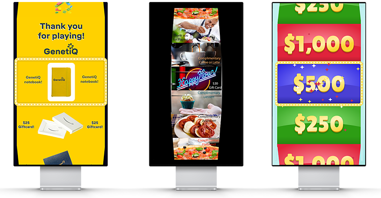 Three digital kiosk screens showing prize reward displays: a GenetiQ thank-you screen with gift cards, a Happy Tour food rewards screen, and a cash prize screen showing $1,000, $500, and $250 amounts